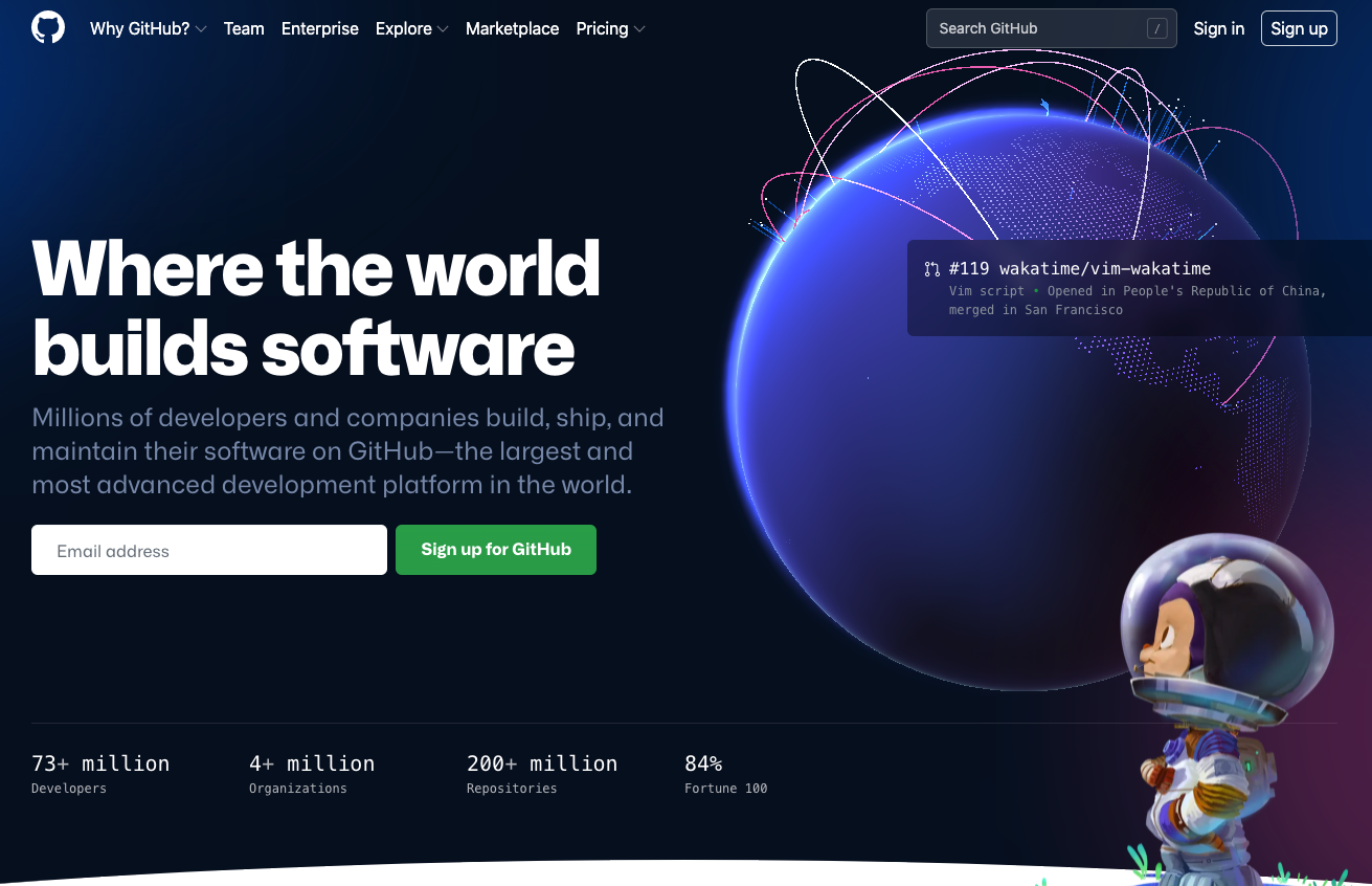 GitHub front page.