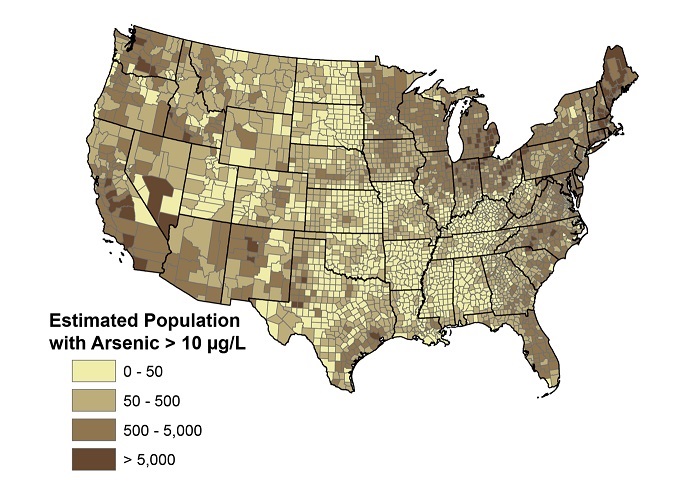 Distribution of people with arsenic level > 10 ug/L by US counties